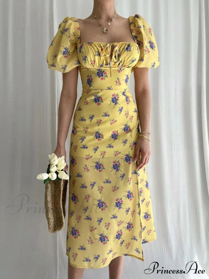 Midi Dress With Puffy Sleeves and Slit