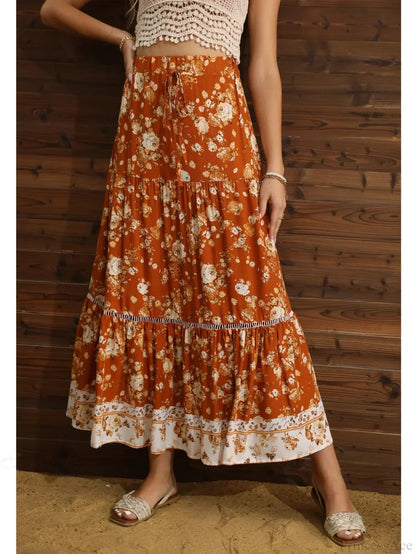 Pleated A-line Rayon Maxi Skirt