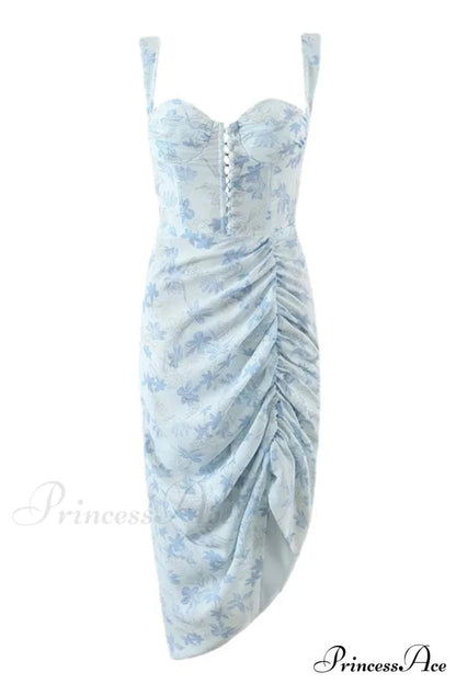 Print Blue Corset Ruched Split Dress