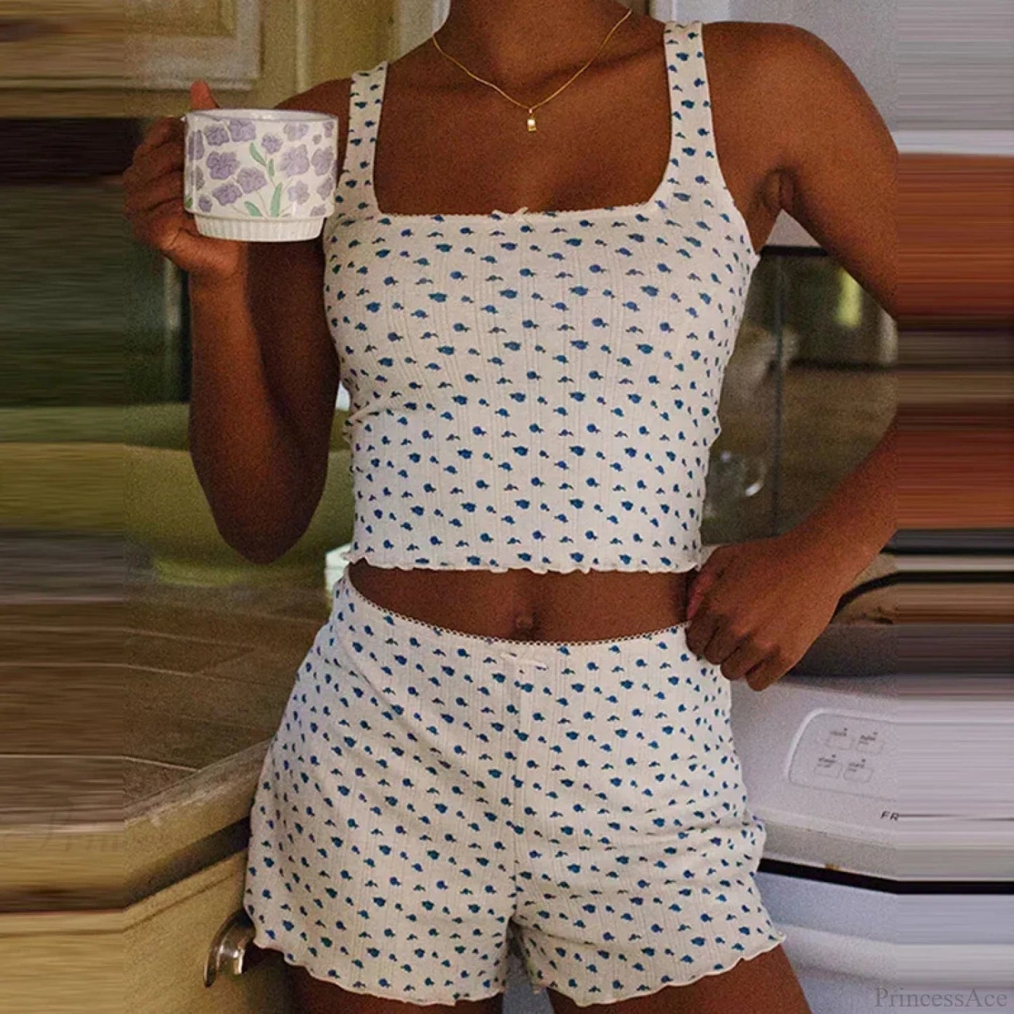 Print Bow Trim Sleeveless Crop Tops Shorts Two Pieces Set