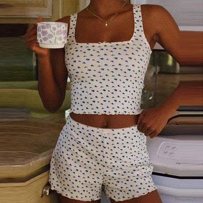 Print Bow Trim Sleeveless Crop Tops Shorts Two Pieces Set