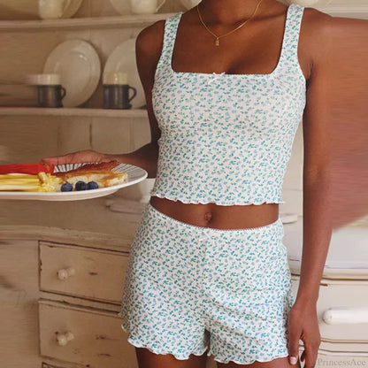 Print Bow Trim Sleeveless Crop Tops Shorts Two Pieces Set