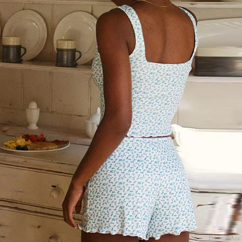 Print Bow Trim Sleeveless Crop Tops Shorts Two Pieces Set