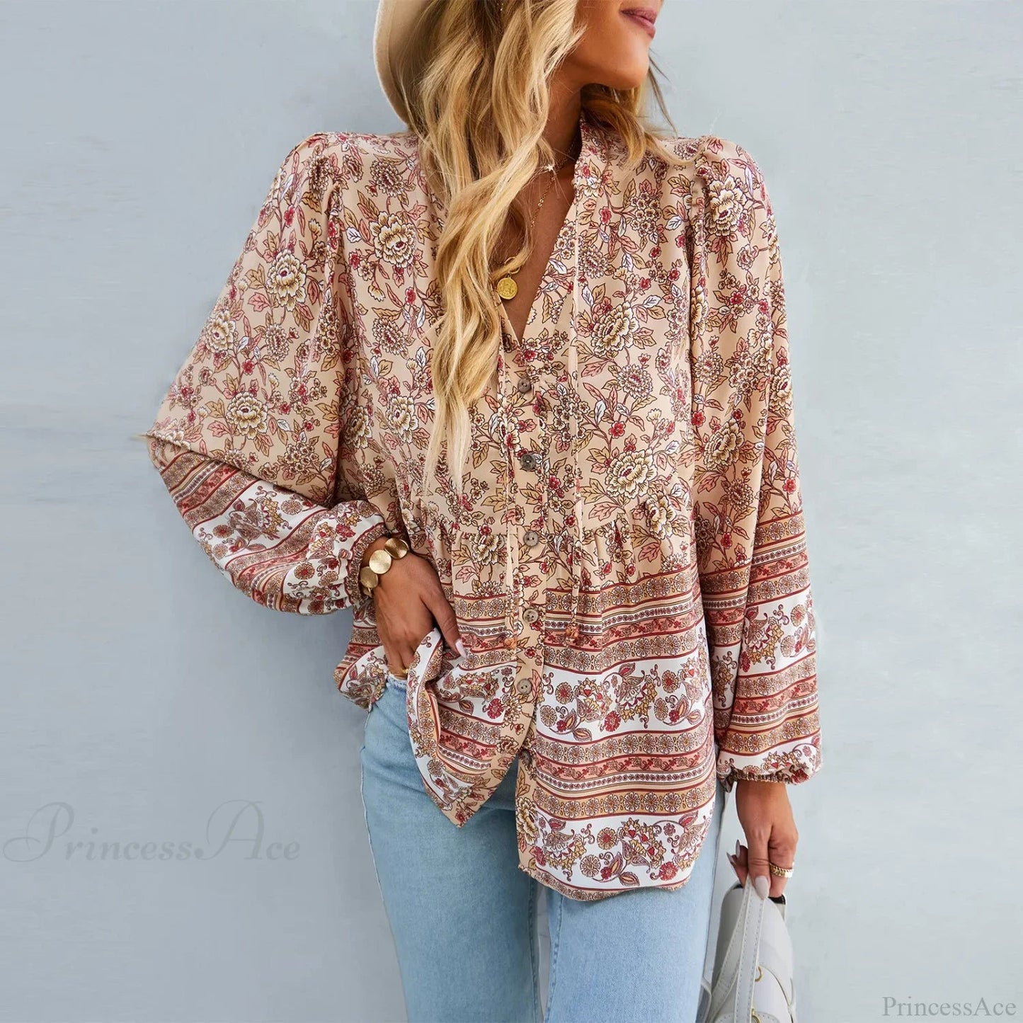 Print Button-up Long Sleeve Blouse