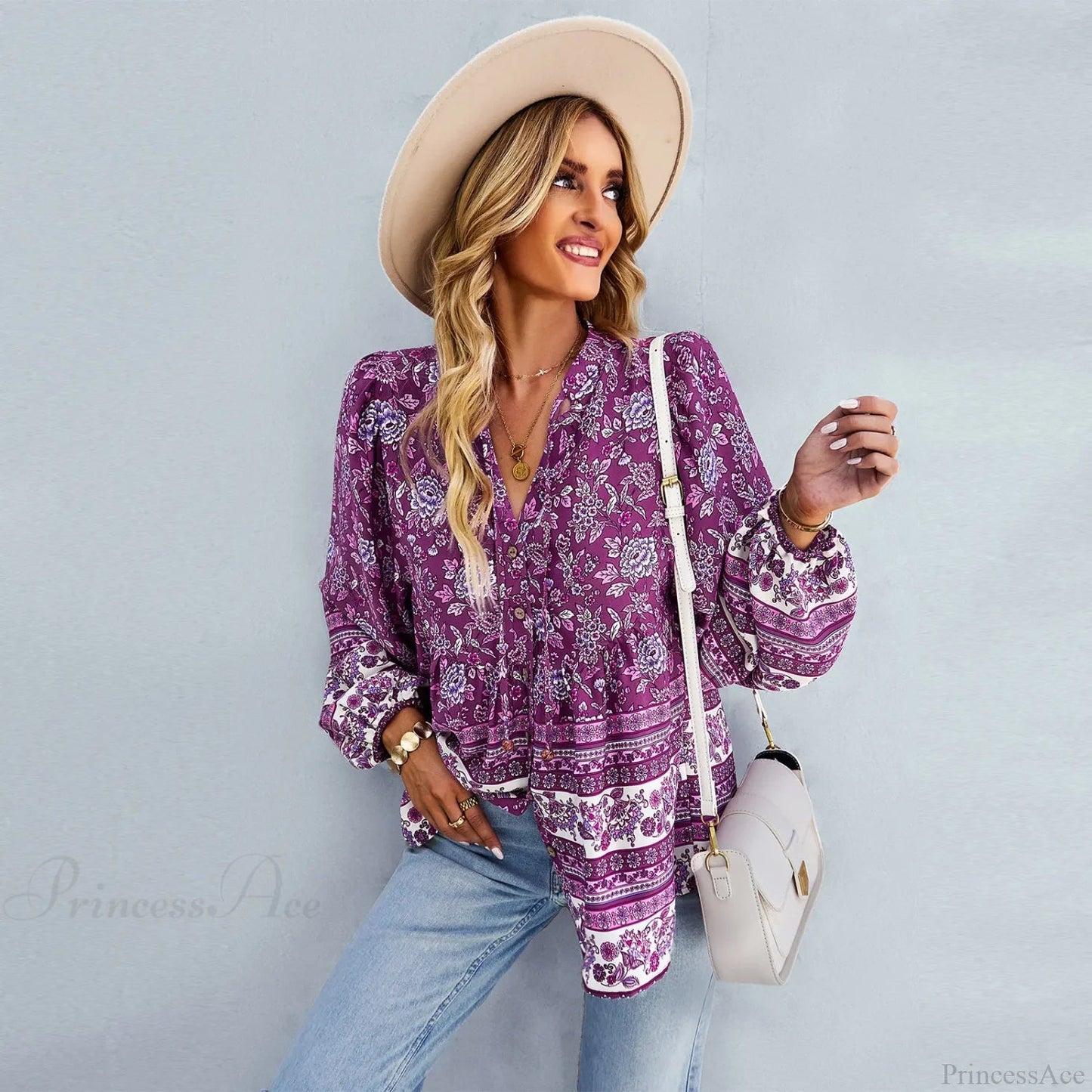 Print Button-up Long Sleeve Blouse