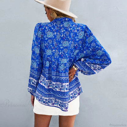 Print Button-up Long Sleeve Blouse