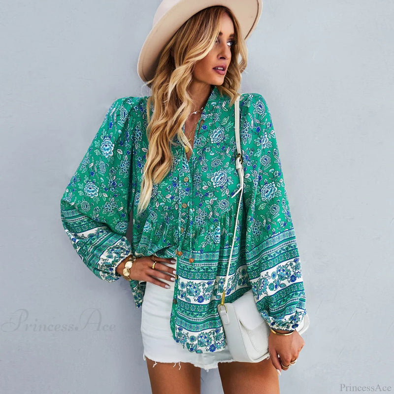 Print Button-up Long Sleeve Blouse