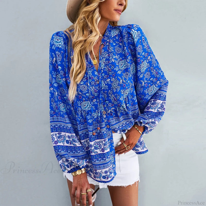 Print Button-up Long Sleeve Blouse