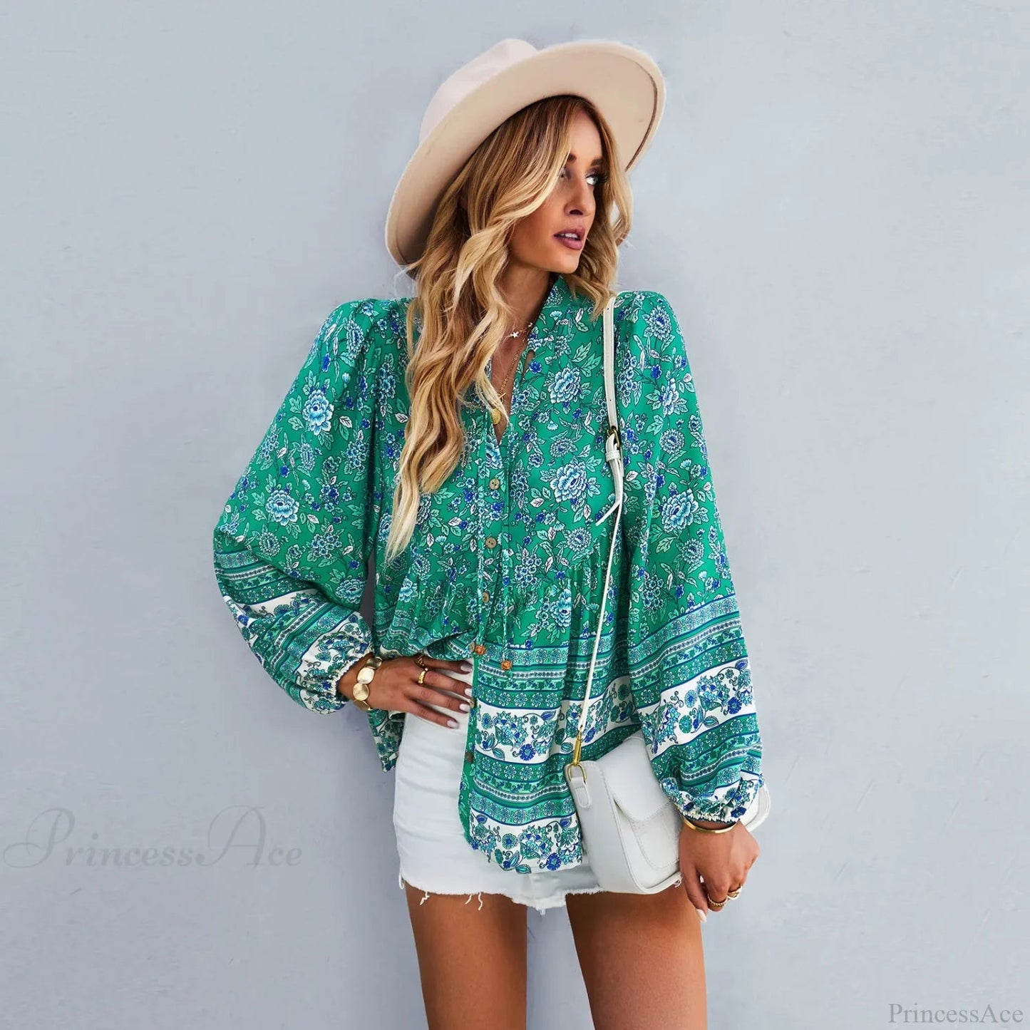Print Button-up Long Sleeve Blouse
