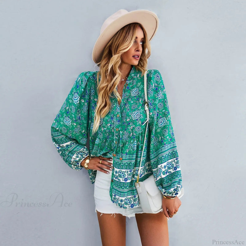 Print Button-up Long Sleeve Blouse