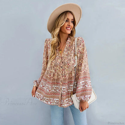 Print Button-up Long Sleeve Blouse