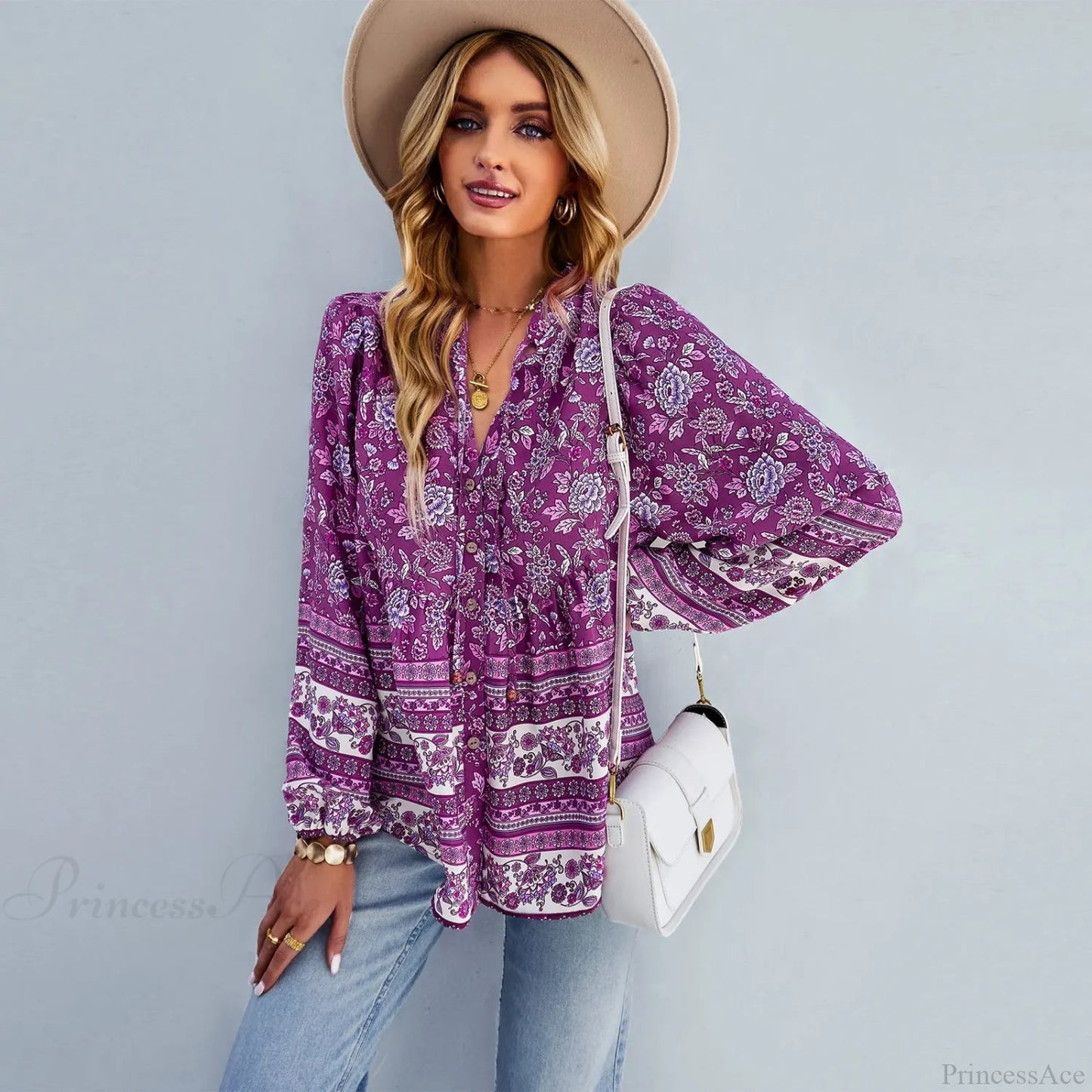 Print Button-up Long Sleeve Blouse
