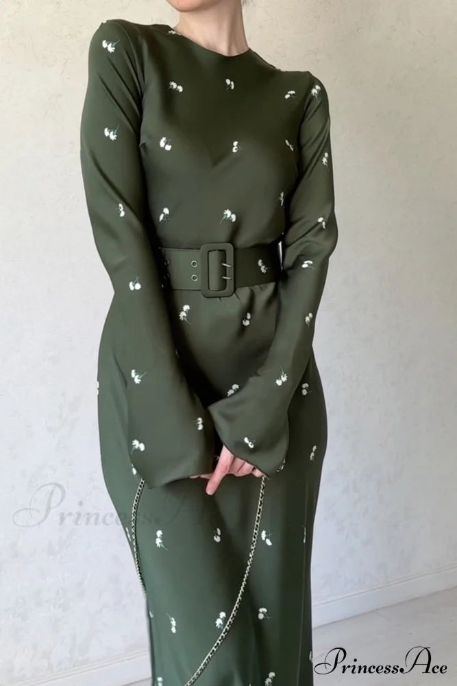 Print High Waist Midi Dress With Belt