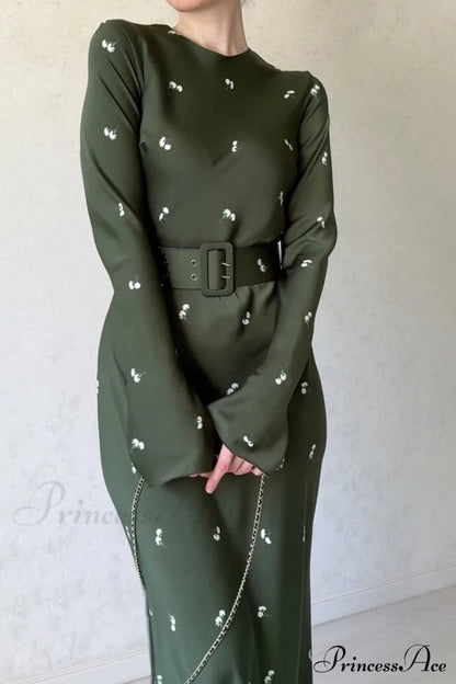Print High Waist Midi Dress With Belt