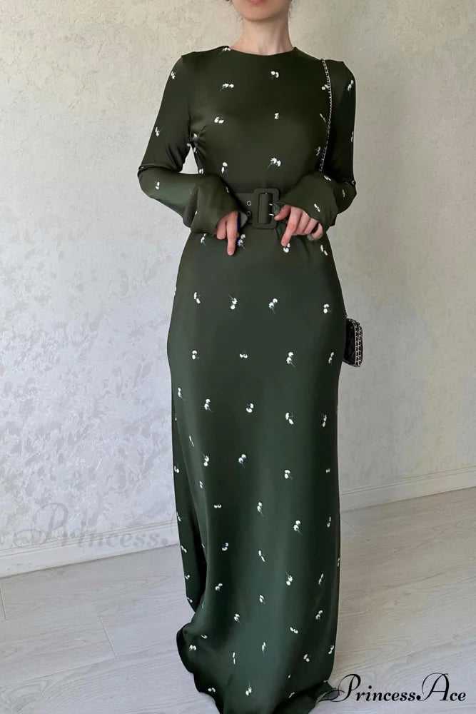 Print High Waist Midi Dress With Belt