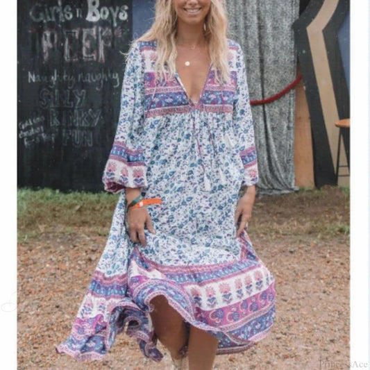 Print Long Sleeve Tassel Loose V-neck Rayon Midi Dress