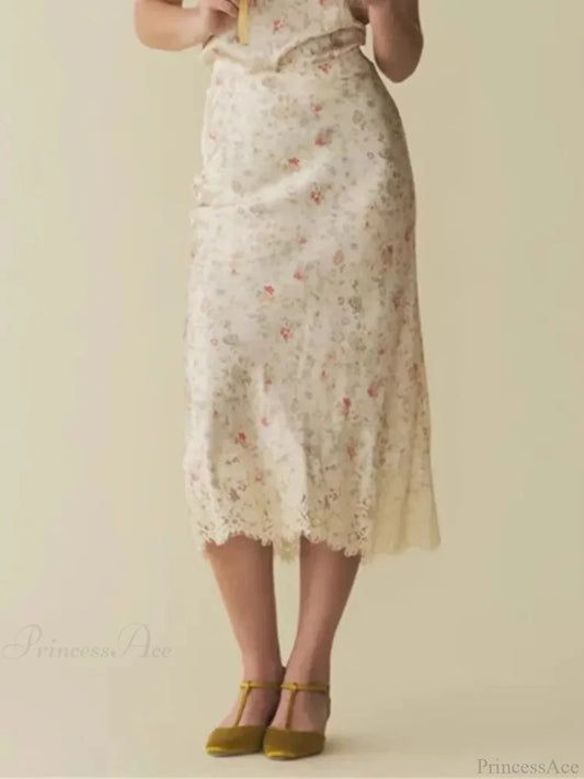 Print Mermaid Lace Splice High Waist Retro Summer Midi Skirt
