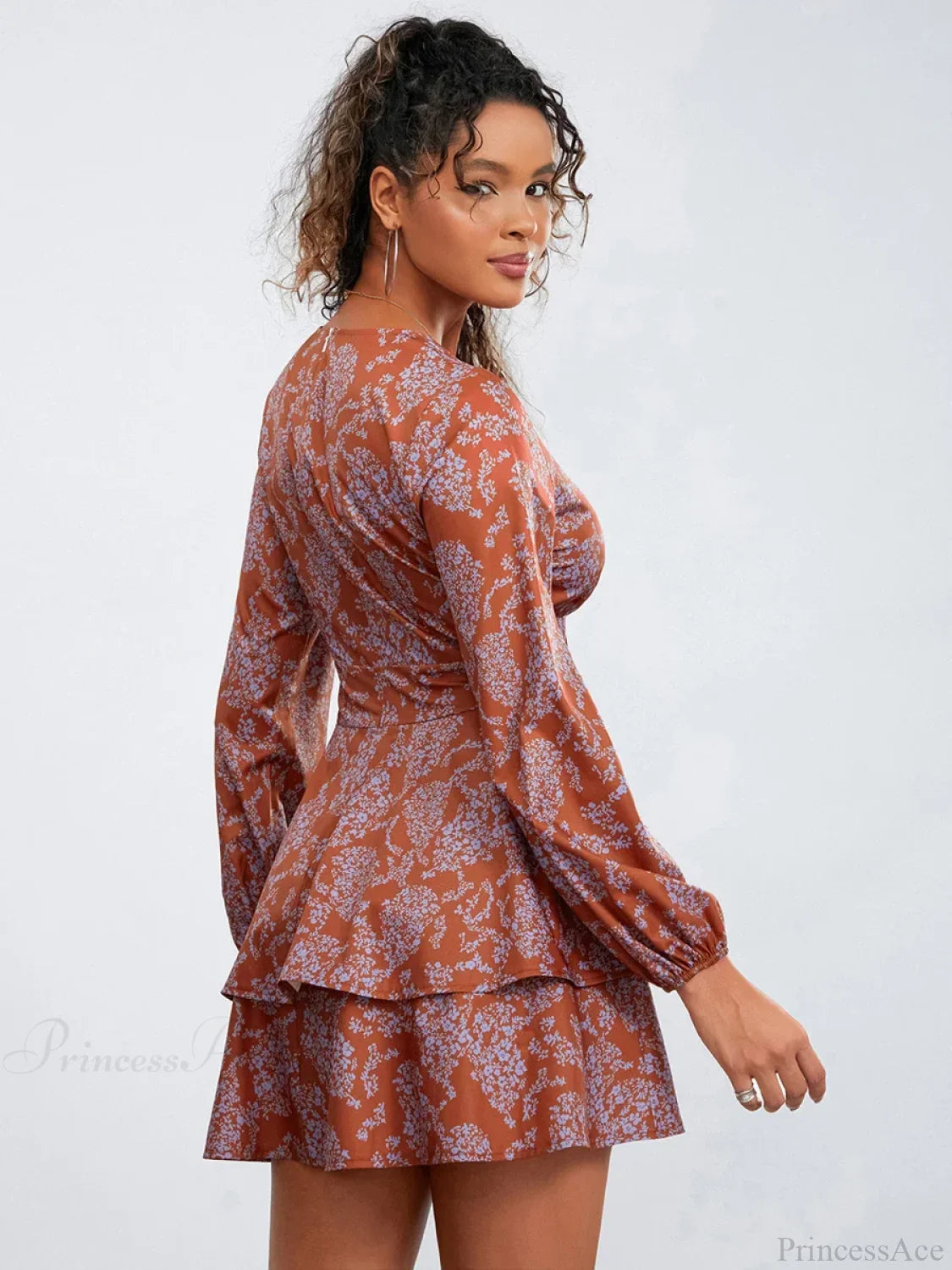 Print Ruffles Tiered Mini Dress V-neck High Waist Dress