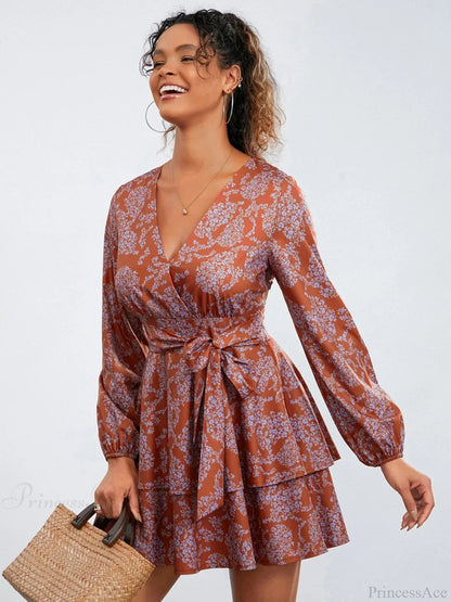 Print Ruffles Tiered Mini Dress V-neck High Waist Dress