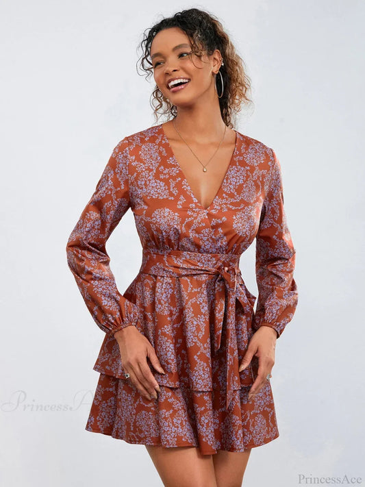 Print Ruffles Tiered Mini Dress V-neck High Waist Dress