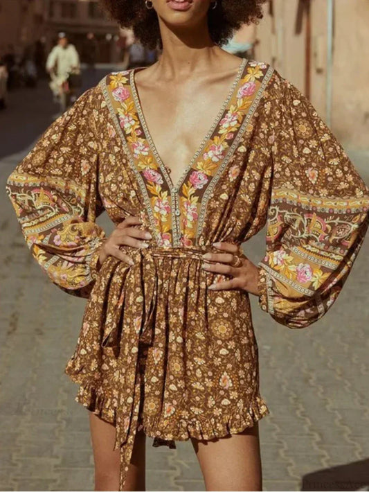 Print Sashes V-neck Long Sleeve Tassel Rayon Romper