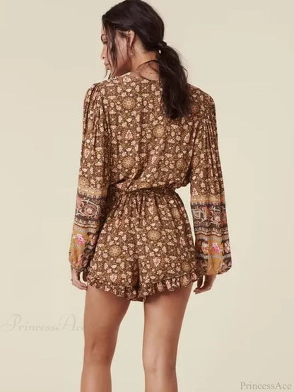 Print Sashes V-neck Long Sleeve Tassel Rayon Romper