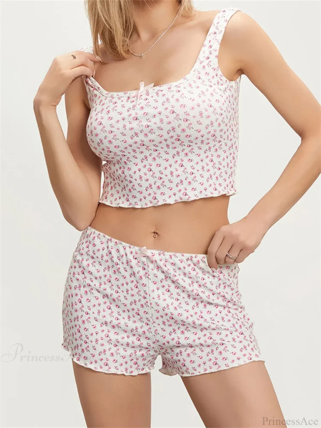 Print Sleeveless Square Neck Camis Crop Top With Shorts Pajama Set