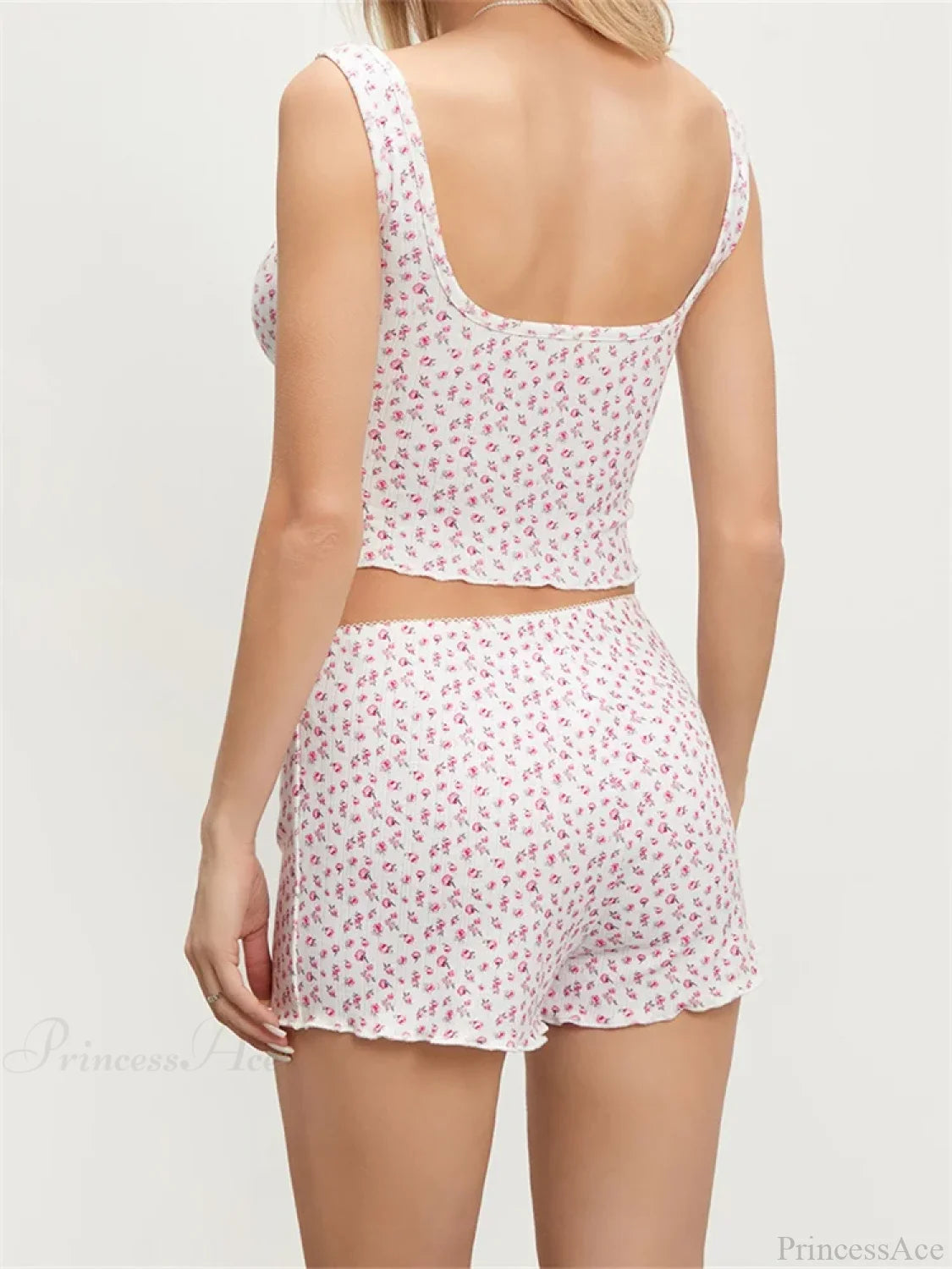 Print Sleeveless Square Neck Camis Crop Top With Shorts Pajama Set