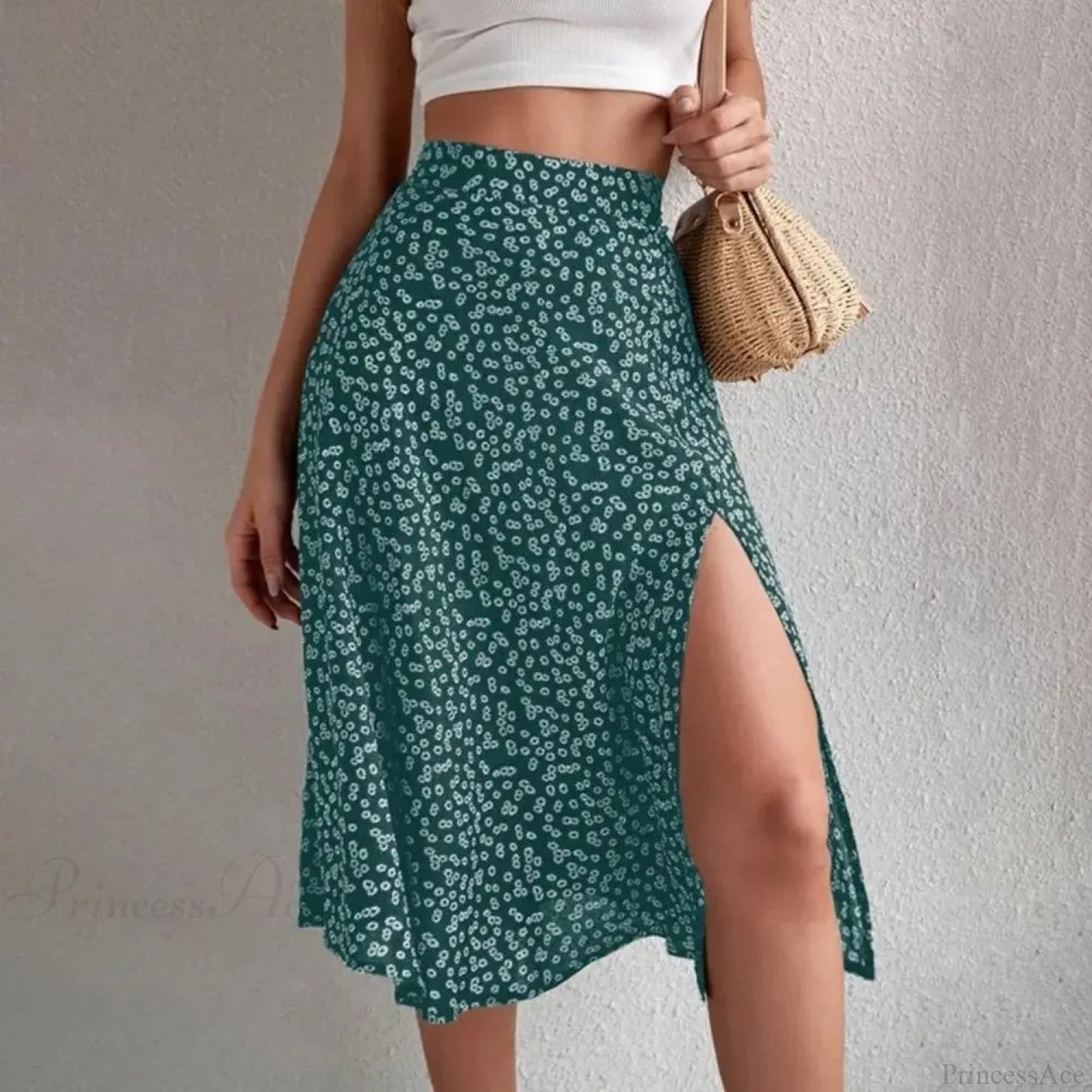 Print Slit A-line High Waist Loose Skirt