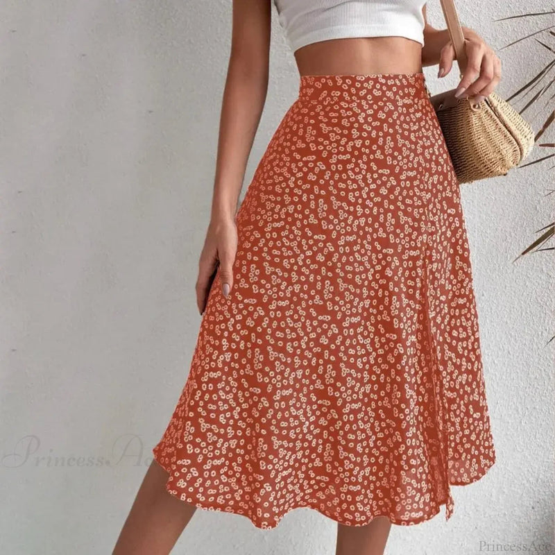 Print Slit A-line High Waist Loose Skirt