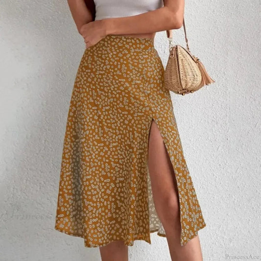 Print Slit A-line High Waist Loose Skirt