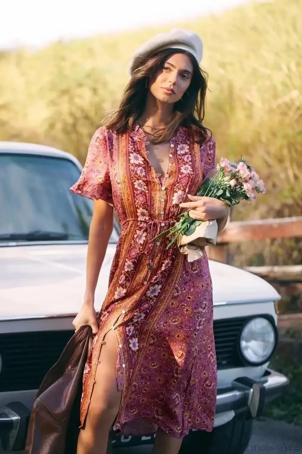 Print Square Collar Short Sleeve Beachwear Midi Dress