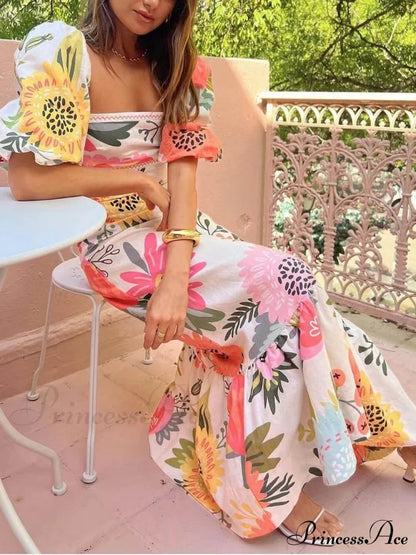 Print Square Neck Graceful Bubble Sleeve Maxi Dress