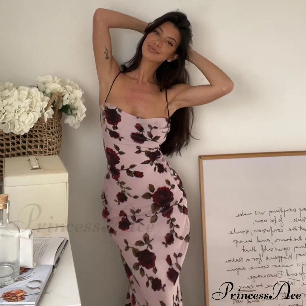 Print Strappy Charming Back Tie-up Midi Dress