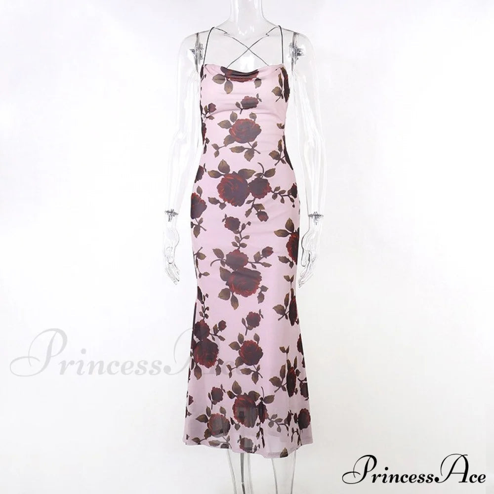 Print Strappy Charming Back Tie-up Midi Dress