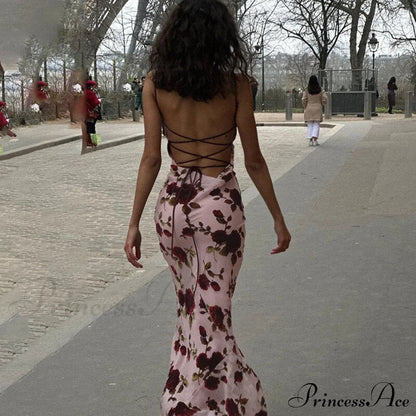 Print Strappy Charming Back Tie-up Midi Dress