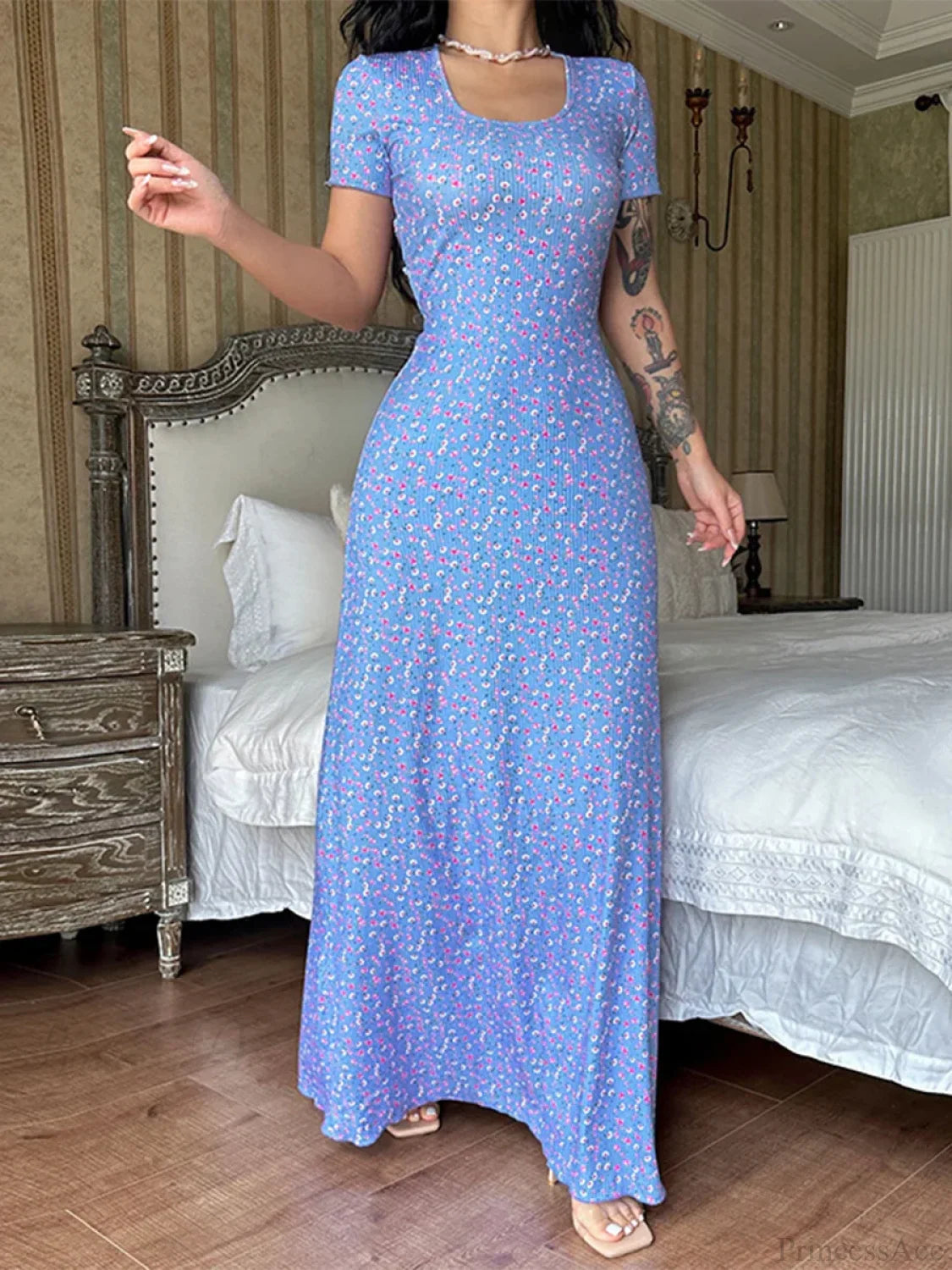 Print T-shirt Tie Back U-neck A-line Long Dress