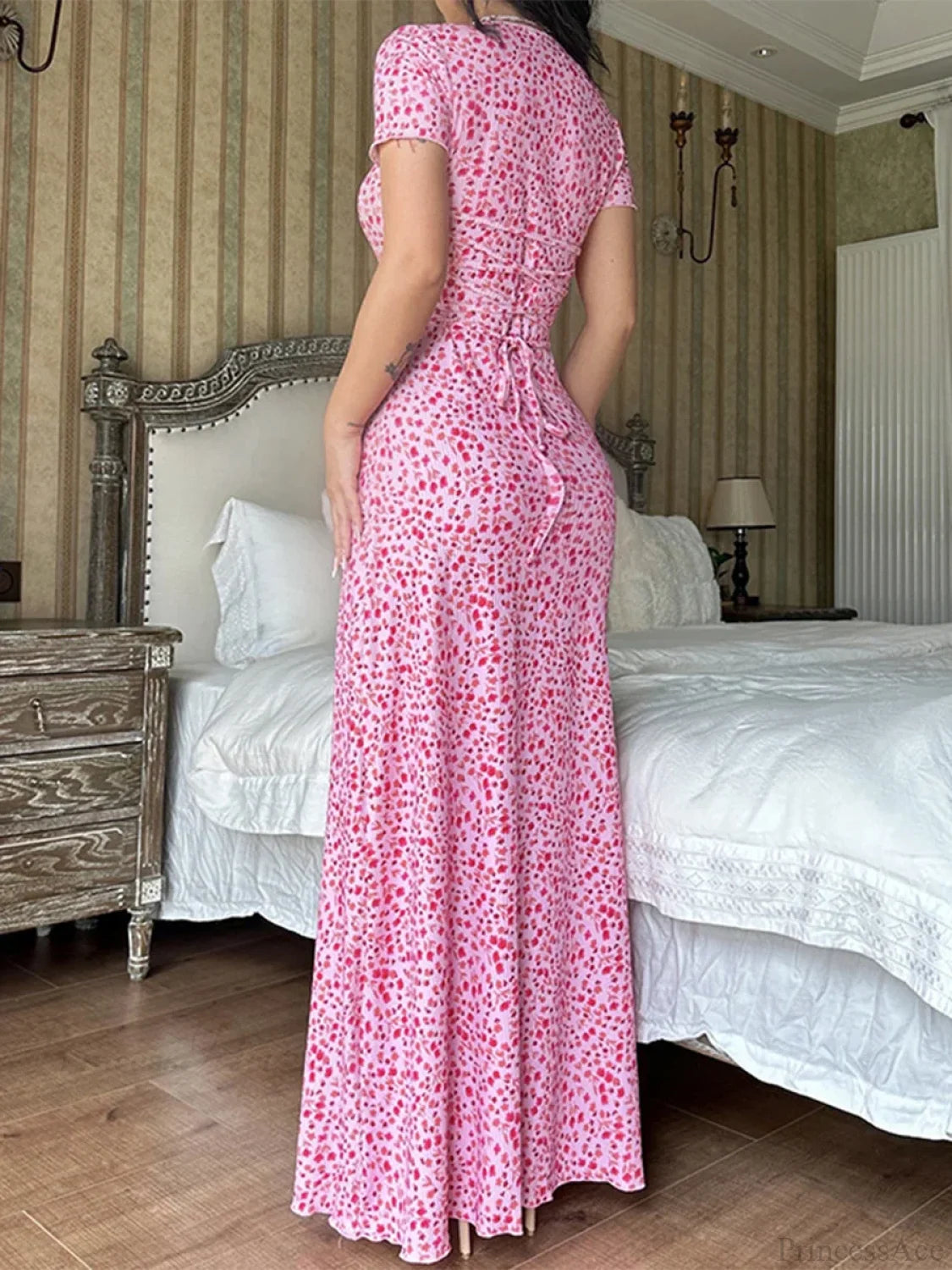 Print T-shirt Tie Back U-neck A-line Long Dress