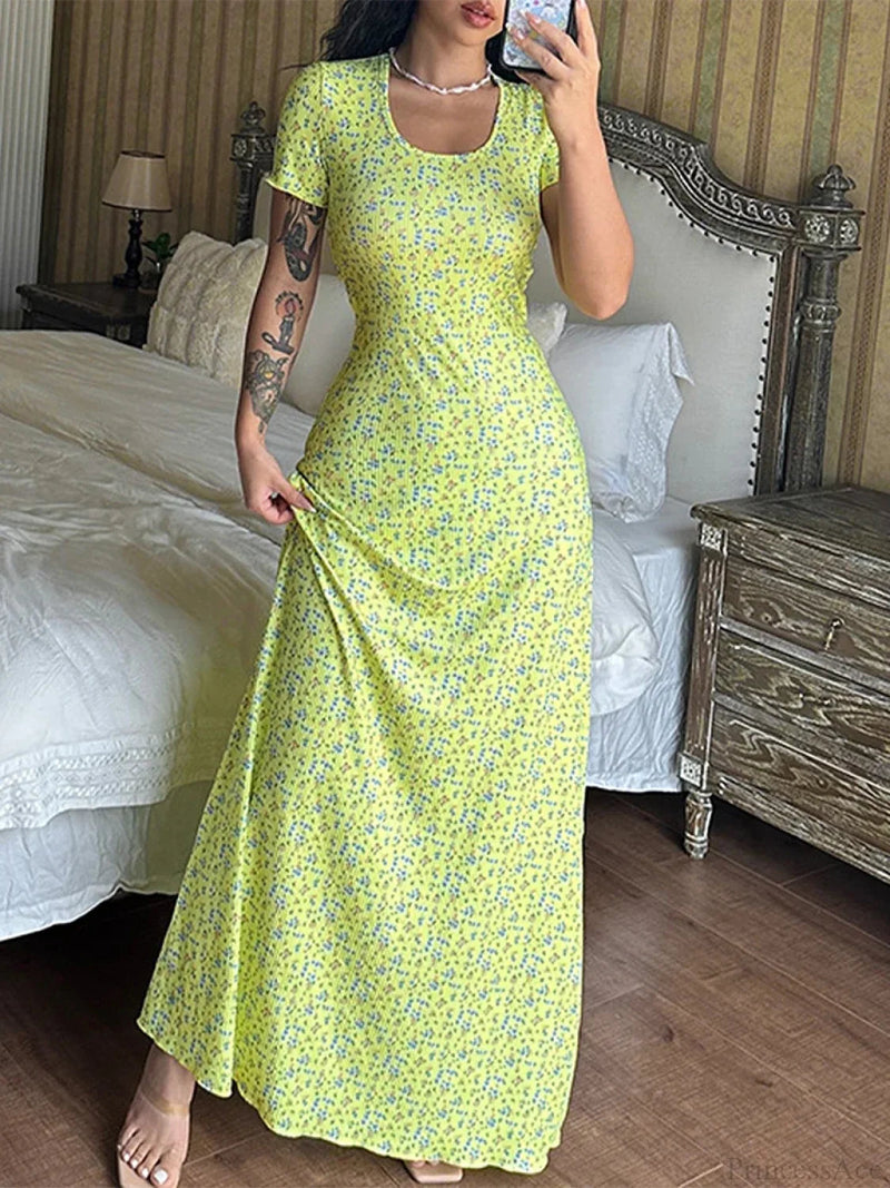 Print T-shirt Tie Back U-neck A-line Long Dress