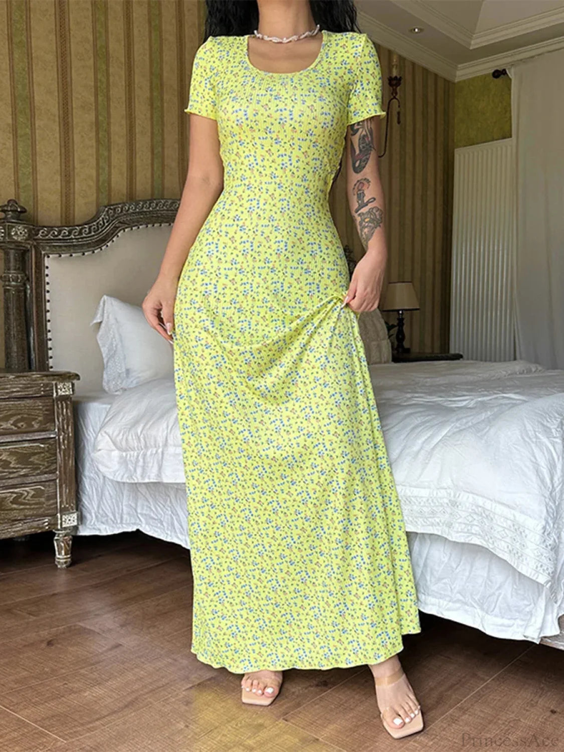 Print T-shirt Tie Back U-neck A-line Long Dress