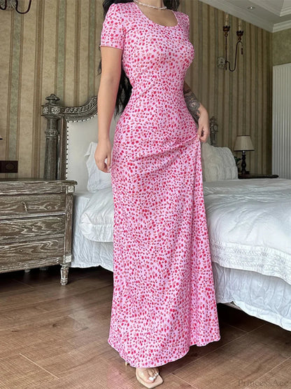 Print T-shirt Tie Back U-neck A-line Long Dress