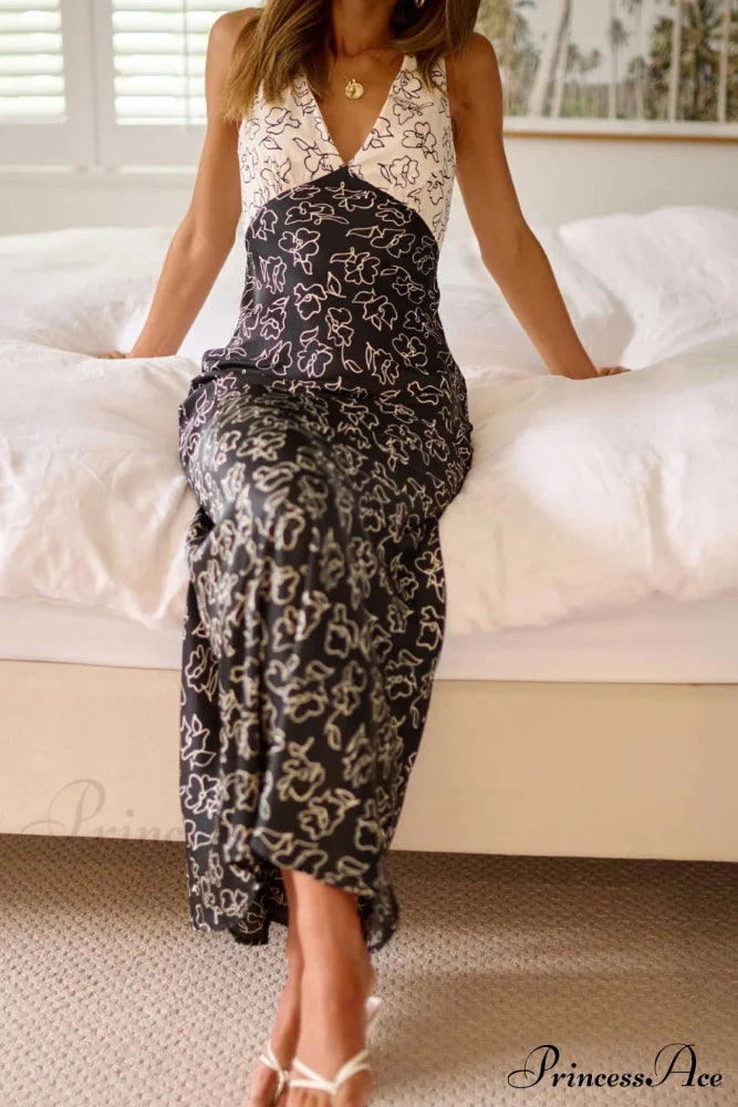 Print V Neck Dress With Contrast Detail and Tie-back