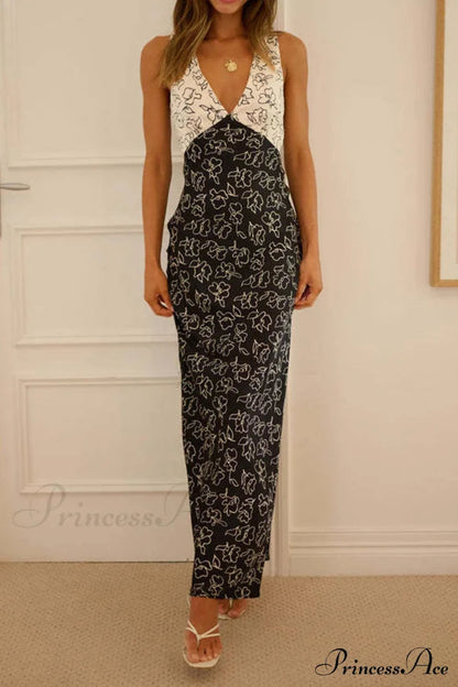 Print V Neck Dress With Contrast Detail and Tie-back