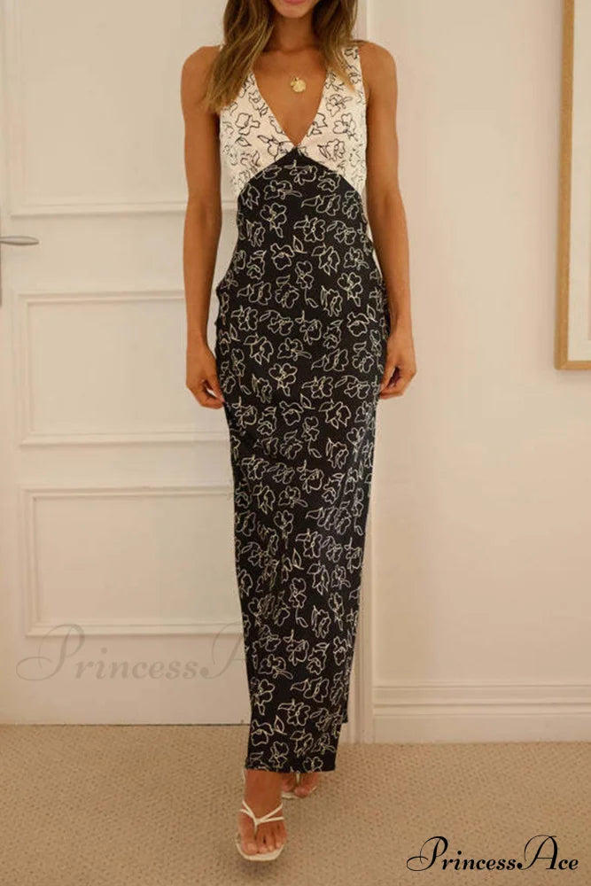 Print V Neck Dress With Contrast Detail and Tie-back