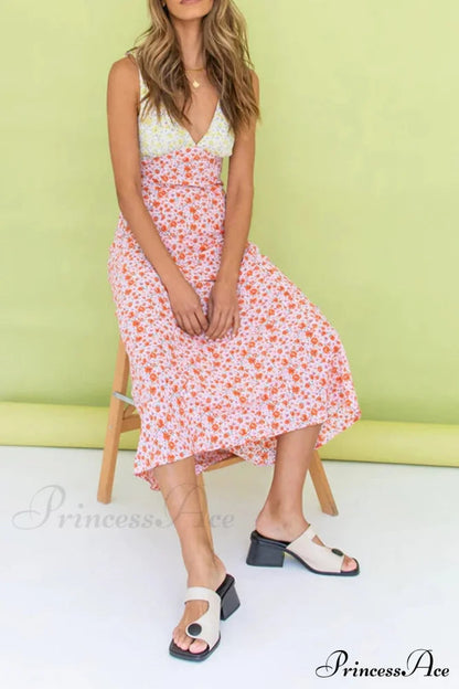 Print V Neck Dress With Contrast Detail and Tie-back