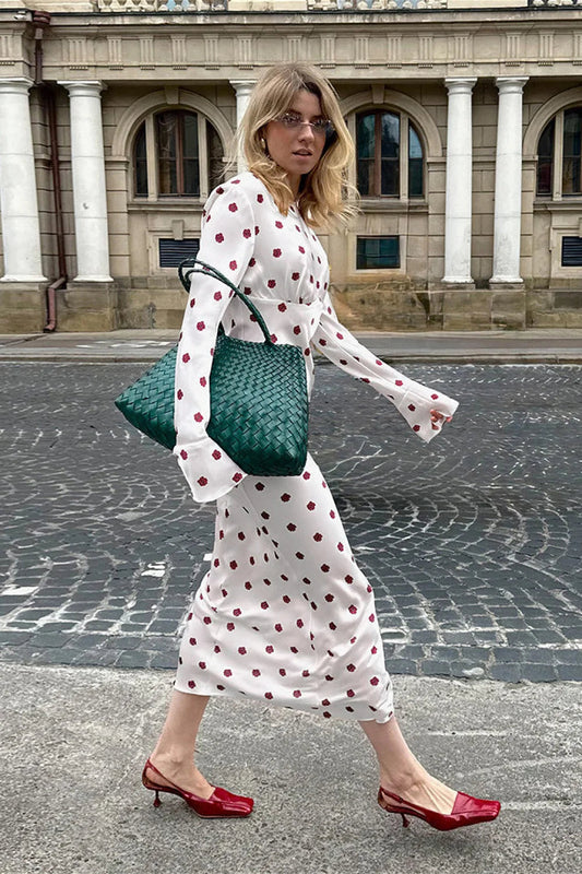 Round Neck Flare Sleeve Fitted Maxi Dress