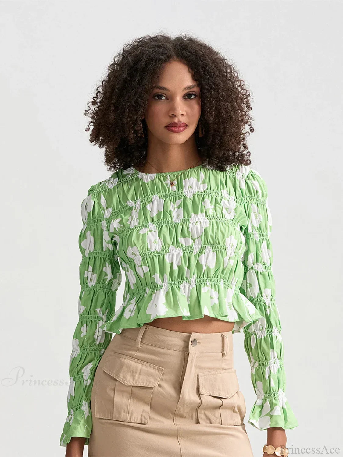Ruched Boat Neck Long Sleeve Crop T-shirt