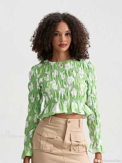 Ruched Boat Neck Long Sleeve Crop T-shirt
