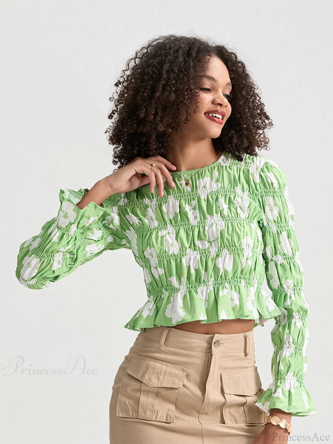 Ruched Boat Neck Long Sleeve Crop T-shirt