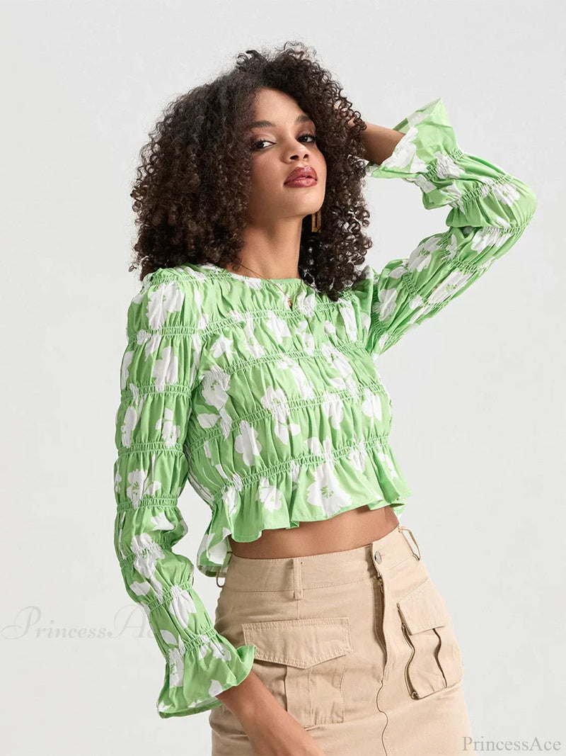 Ruched Boat Neck Long Sleeve Crop T-shirt